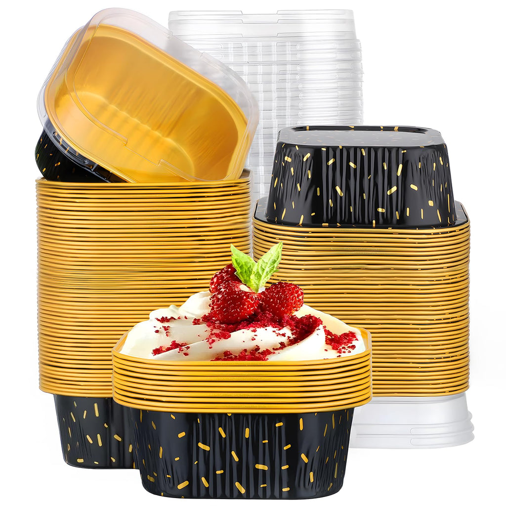 EUSOAR Baking Pans with Lids, 100pcs 10oz/300ml Aluminum Foil Ramekins Disposable Containers, Square Creme Brulee Cups Cupcake Liners Muffin Cup Mini Cake Loaf Bread Holders for Birthday Wedding