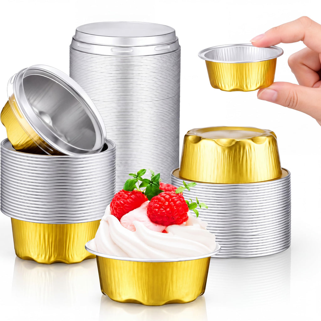 Eaasty 150 Pcs 1.6 oz Mini Aluminum Foil Baking Cups with Lids, Gold