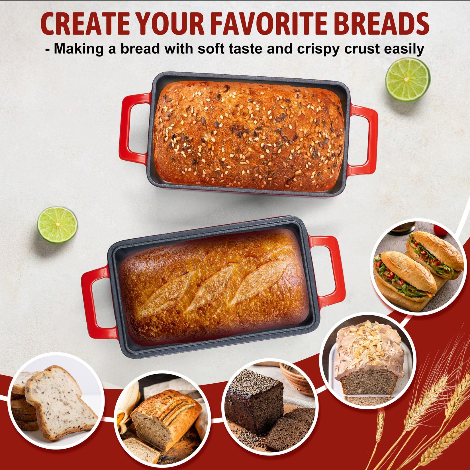 P&P CHEF 2-In-1 9 x 5 Inch Cast Iron Loaf Pan with Lid, Red