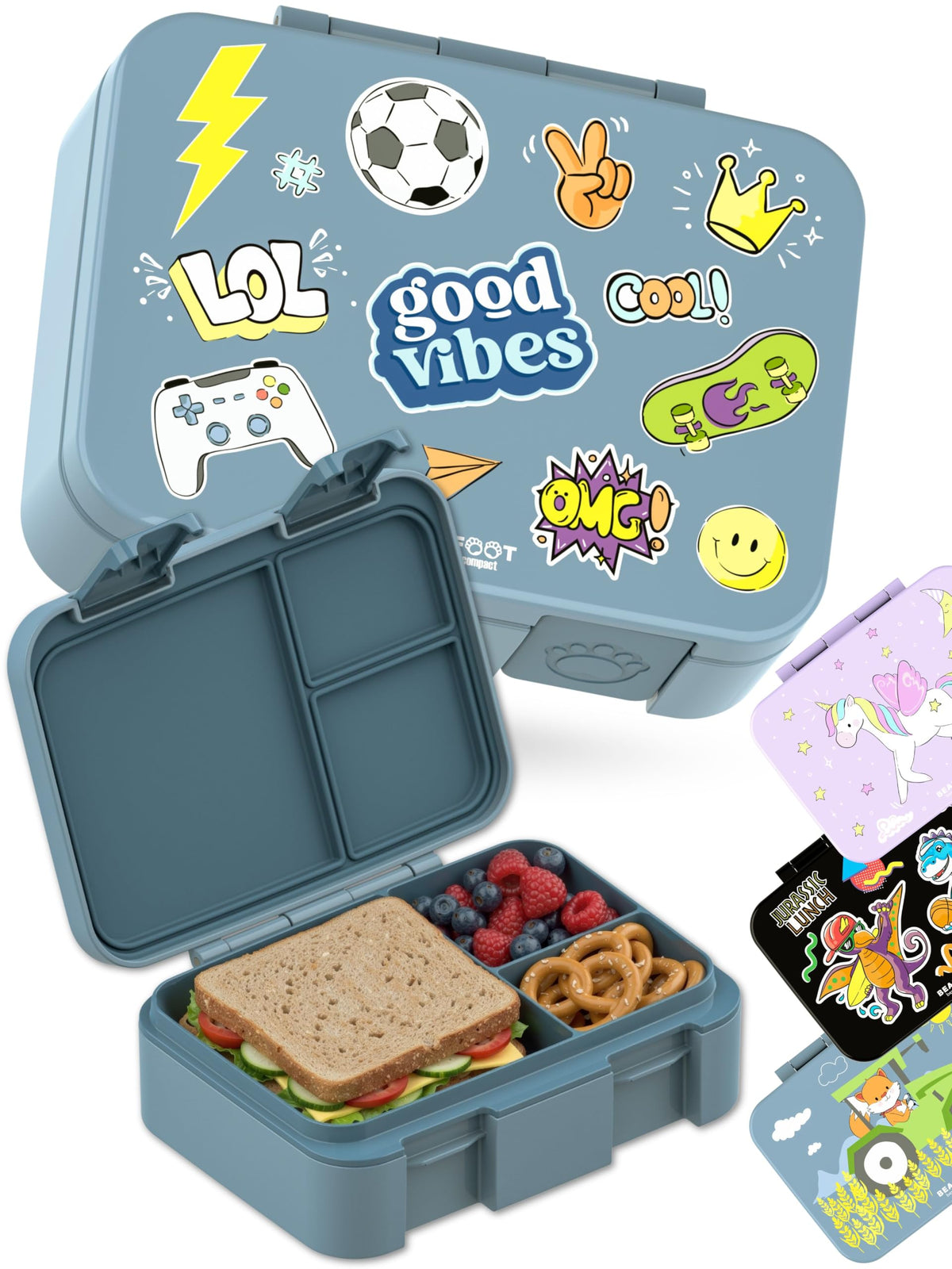 BEARFOOT Kids Lunch Box with Compartments – Compact & Lightweight | Leak-Proof, BPA-Free, Dishwasher Safe | Hand-Drawn Design for Preschool, School, Travel (Sticker Purple, 2.75 Cups)