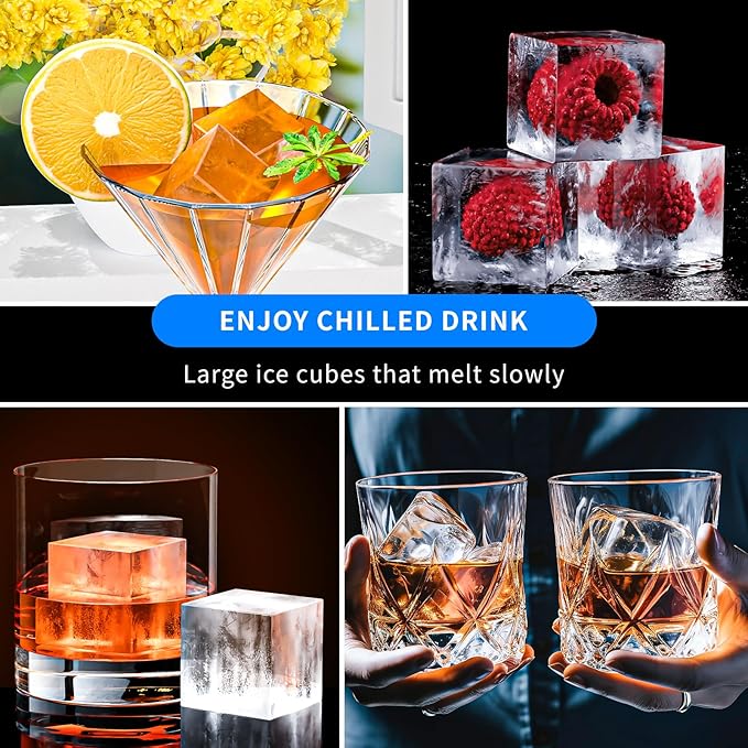 Large Ice Cube Tray for Whiskey 3 Pack, HANCELANT Big Silicone Square Ice Cube Mold with Removable Lid, 2'' Huge Square Ice Cubed Tray for Whisky and Cocktail
