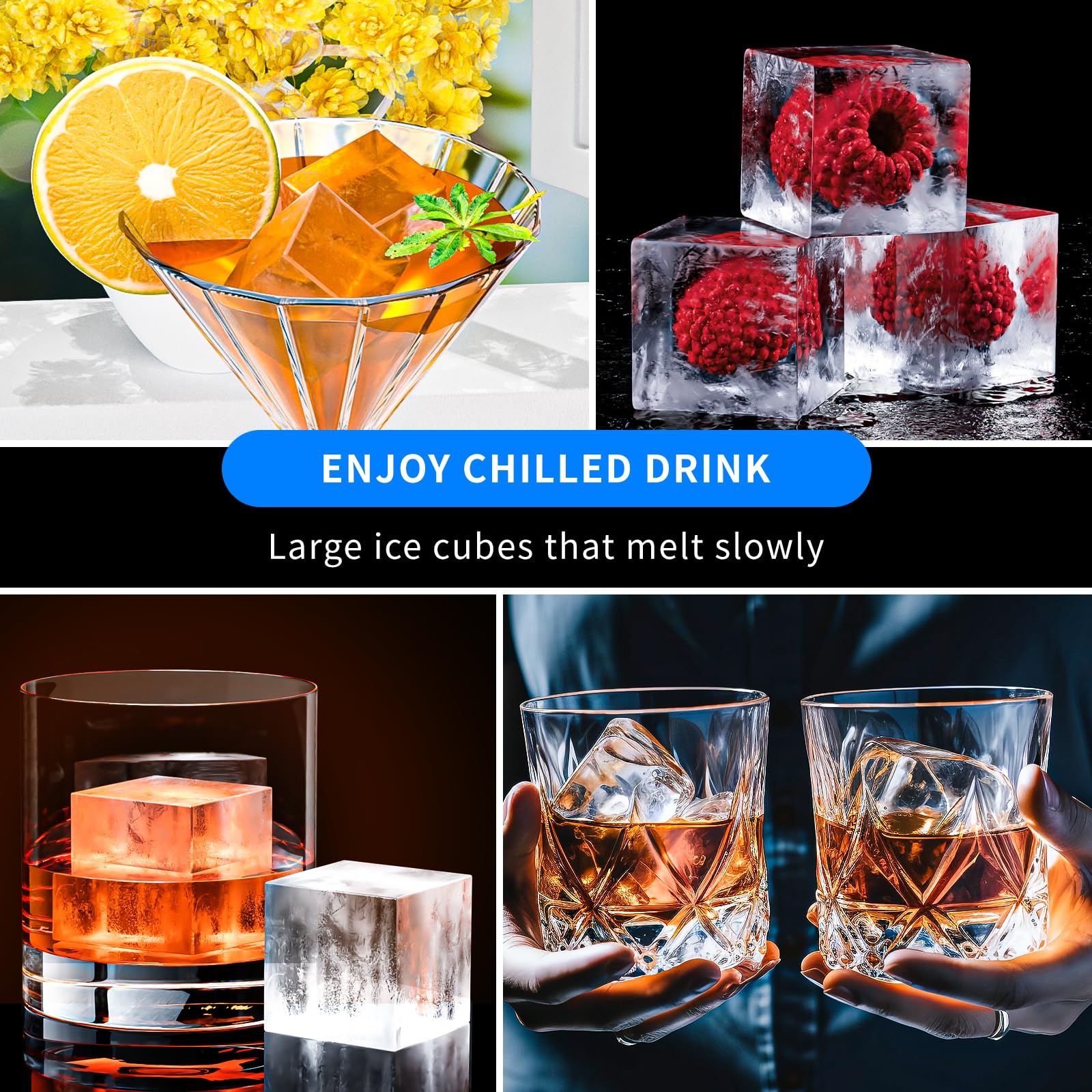 Large Ice Cube Tray for Whiskey 3 Pack, HANCELANT Big Silicone Square Ice Cube Mold with Removable Lid, 2'' Huge Square Ice Cubed Tray for Whisky and Cocktail