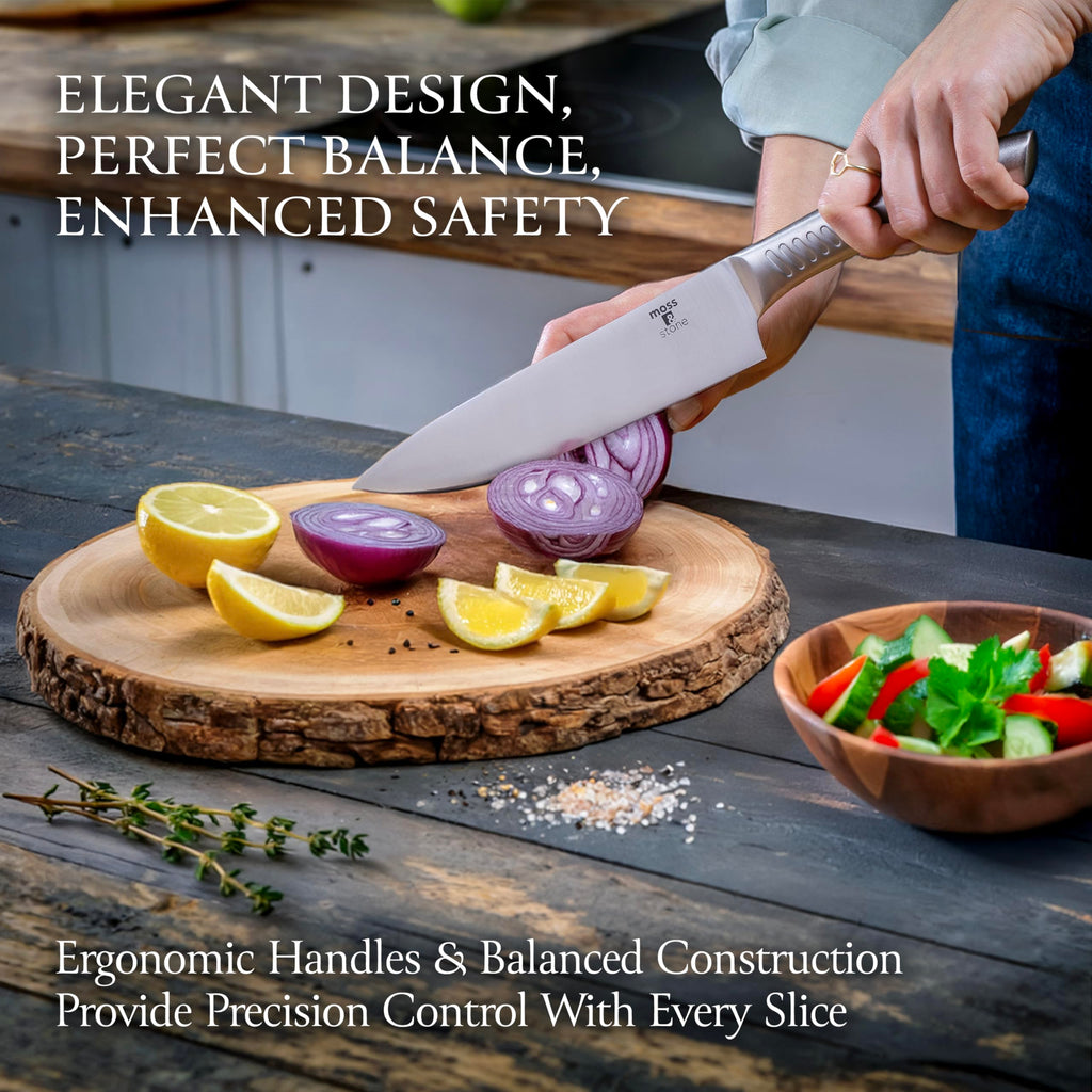 Moss & Stone Small 6 Pcs Kitchen Knife Set with Block, Stainless Steel