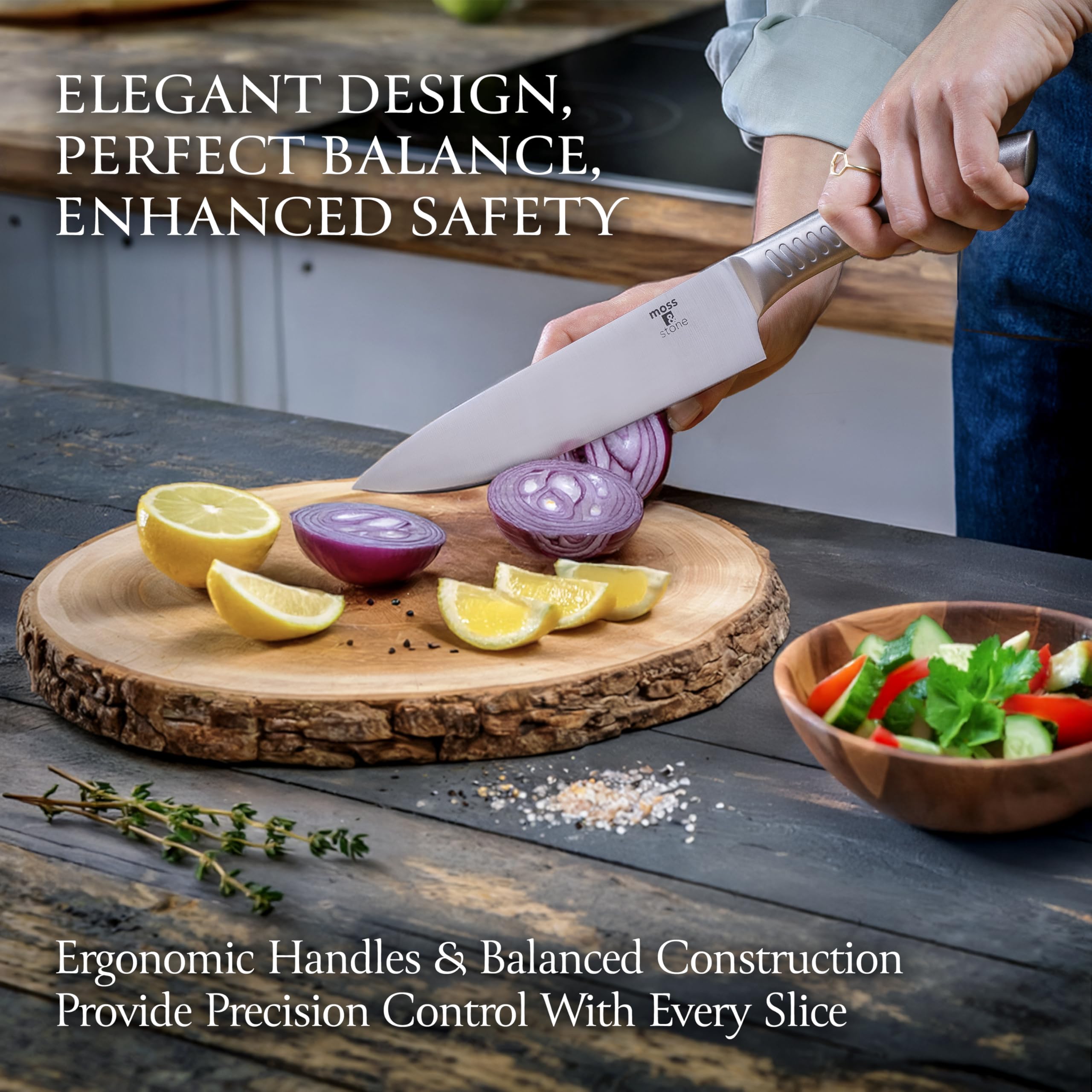 Moss & Stone Small 6 Pcs Kitchen Knife Set with Block, Stainless Steel