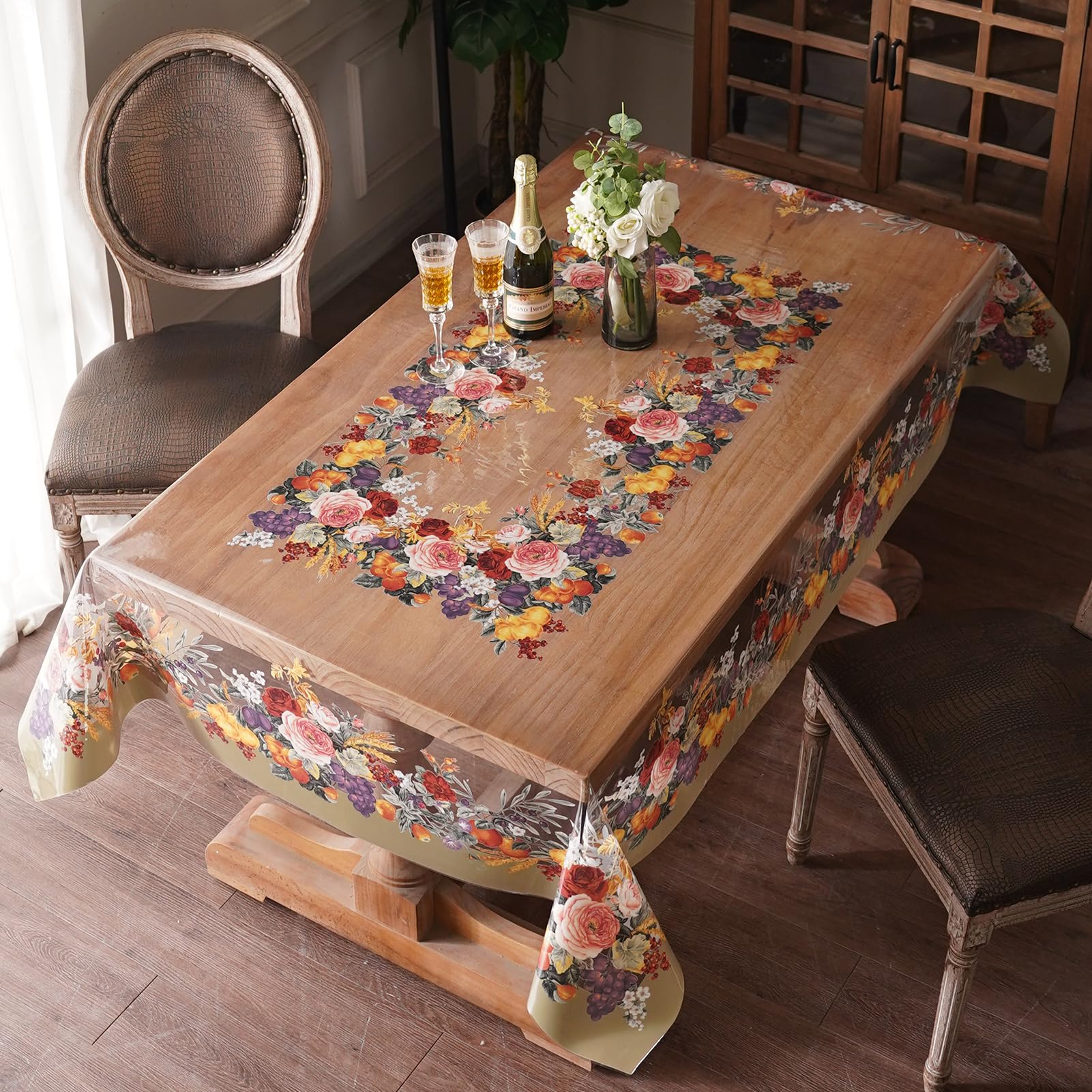 Artbloss Clear Table Cover Protector Vinyl PVC Rectangle Table Cloth Oil Spill Proof Plastic Tablecloths for Dining Tables Parties Holidays (Floral Fruit, 60 x 104 Inches)