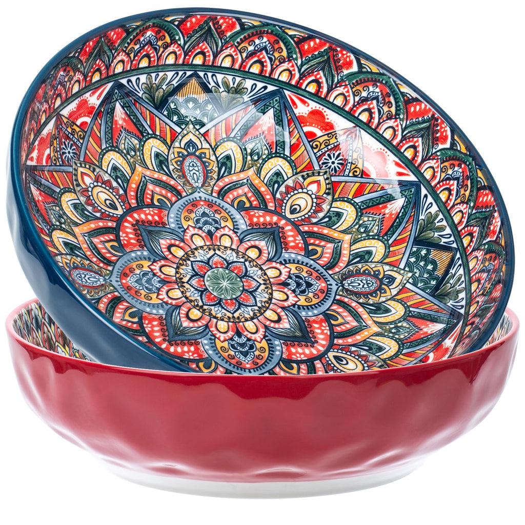 Ronanemon Large Serving Bowls, 75 Oz Fruit Salad Bowls, Bohemian Style Large Porcelain Dishes for Entertaining Parties,Big Bowls for Eating Soup, Salad, Pasta, Fruit, Chips, 10.3 Inch Diameter (red)