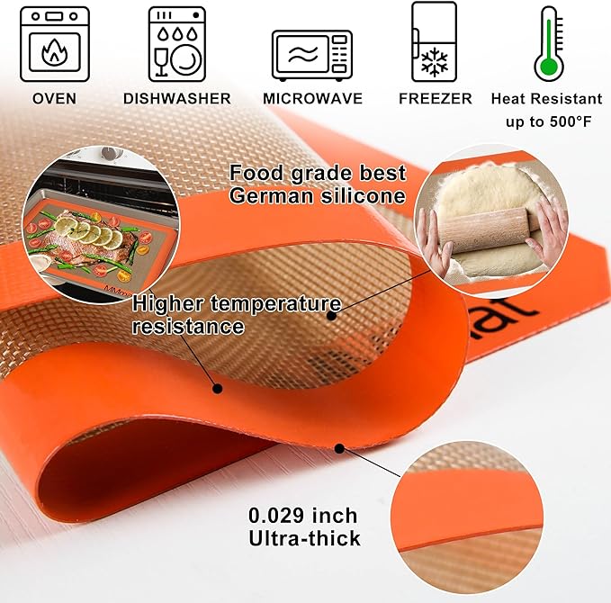 Silicone Baking Mats - Best German Silicone - Non Slip Silicone Baking Sheet, Non Stick Reusable Silicone Mats for Baking, Oven Liner, Counter Mat - Full Size Sheet