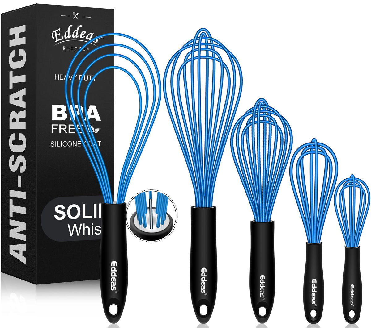 Eddeas Silicone Whisk, 500°F Heat Resistant Non Scratch Coated Whisks for Cooking Baking Balloon whisk, Kitchen Whisk Tool Set, for Stirring, Beating & Blending of 3 Size 7.5"+ 9" +11 inch