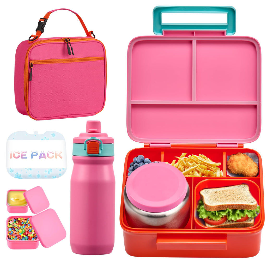 Bento Lunch Box for Kids with 8oz Soup Thermo, Leak-proof Lunch Food Containers with 5 Compartment, Insulated Lunch Bag & 17oz Stainless Steel Water Bottle for School, Trvael