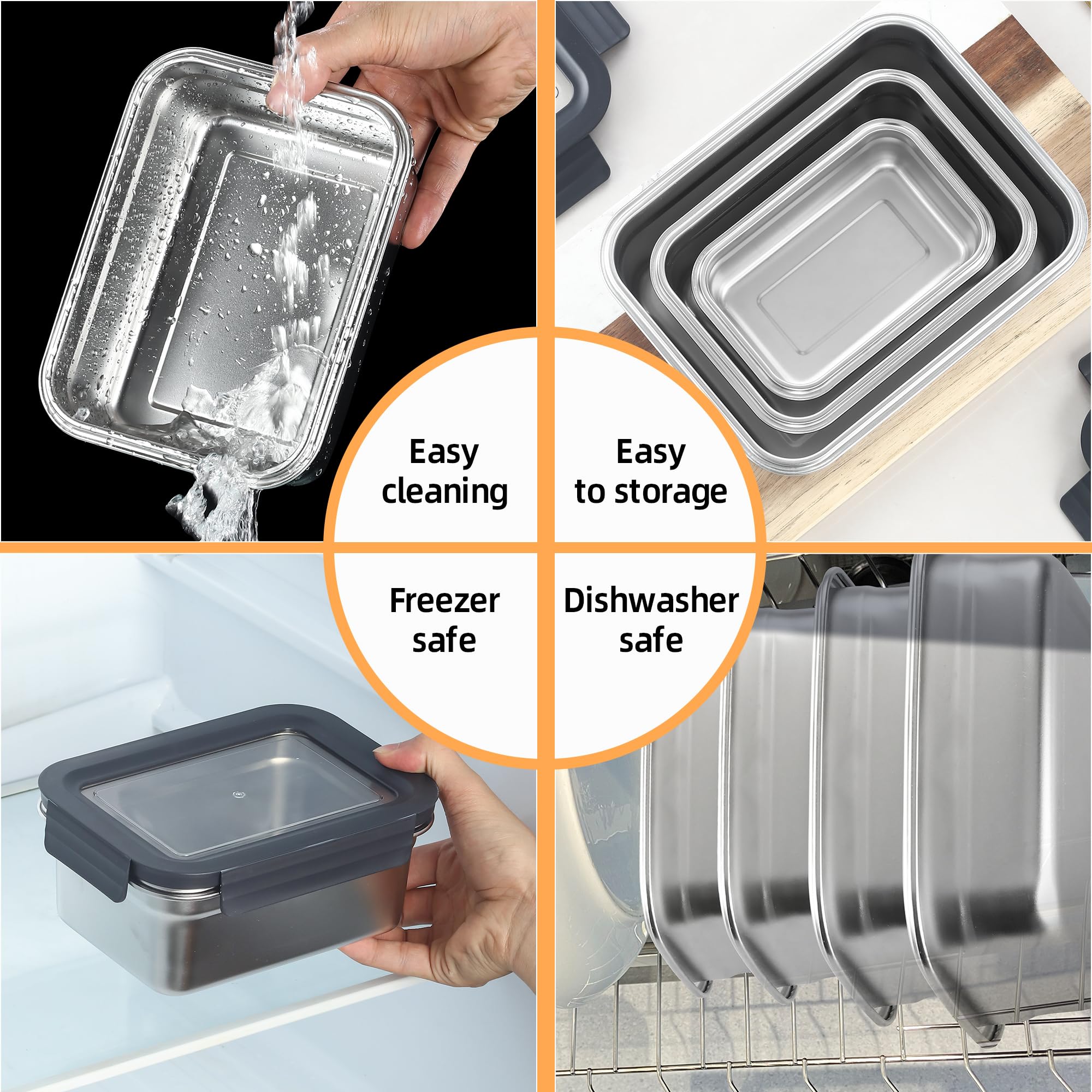 BEFOY Stainless Steel Food Storage Containers with Lids Airtight Bento Lunch Box for Kitchen Leak Proof Meal Prep Stackable Set of 3(450/1100/2500)