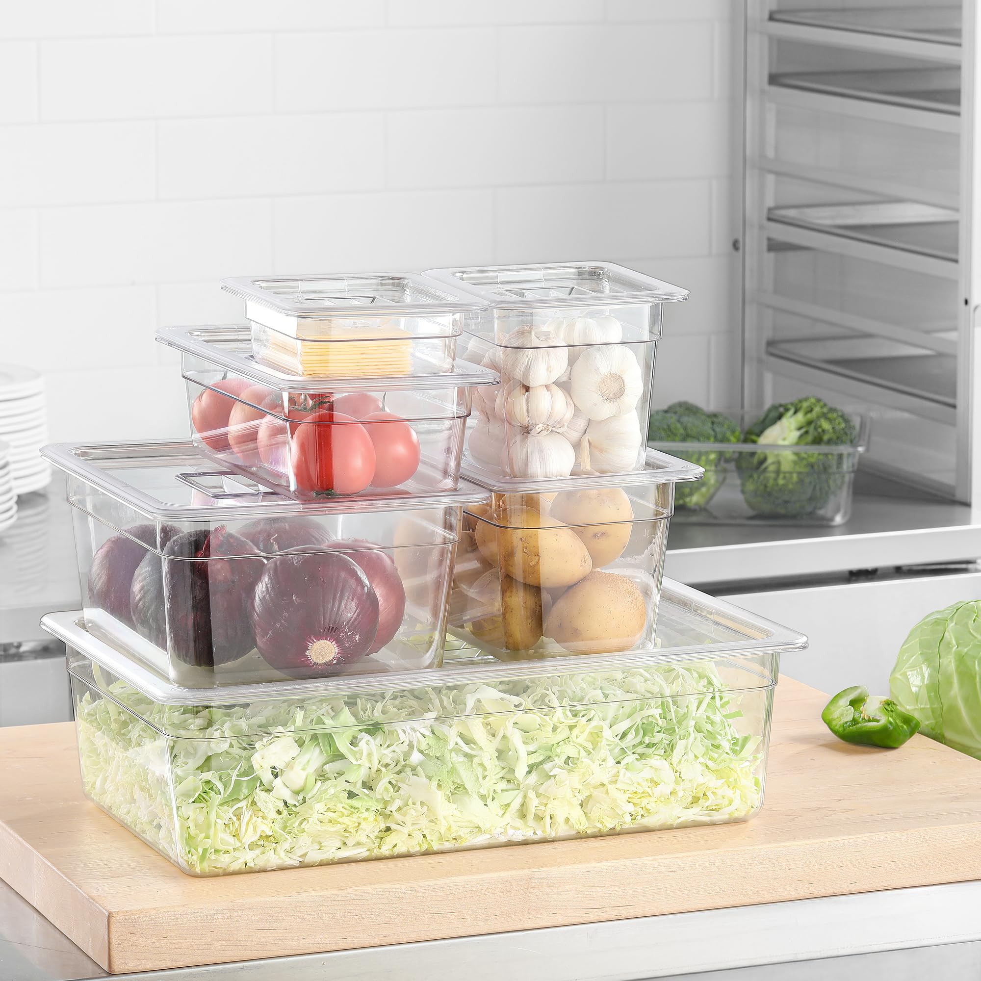 EGGKITPO 1/3 Size Food Containers 6 Pack 6 Inch Deep Pan Clear BPA free Polycarbonate Stackable Commercial Hotel Pan for Food Serving Freezer Safe