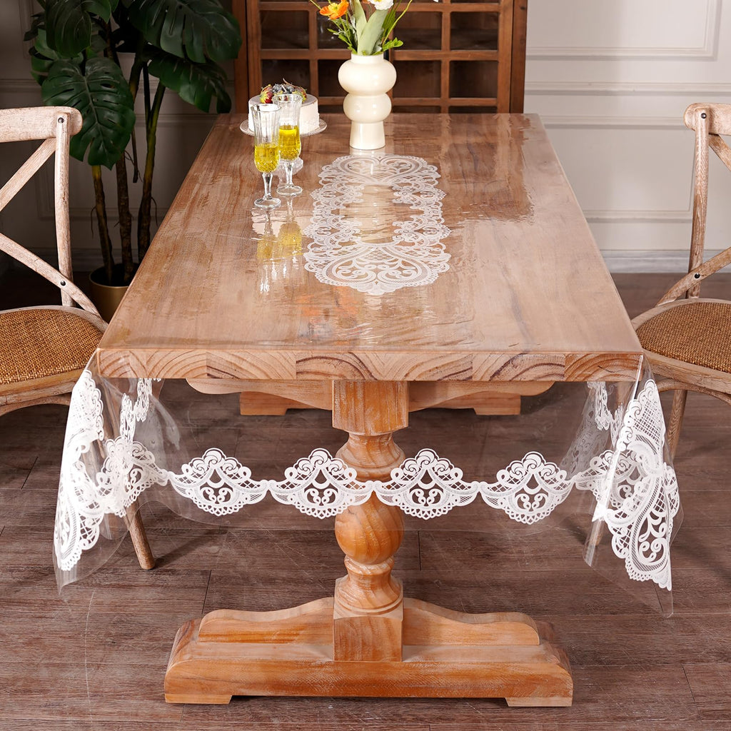 Artbloss Clear Table Cover Protector Vinyl Table Cloth Rectangle Oil Spill Proof Vintage Rustic Plastic Table Covers for Dining Tables (White Lace, 60 x 84 Inches)