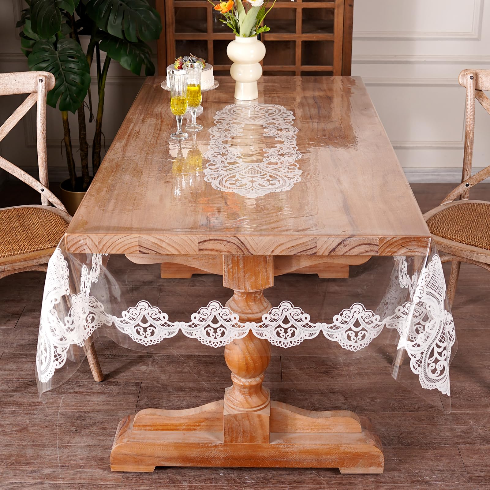 Artbloss Clear Table Cover Protector Vinyl Table Cloth Rectangle Oil Spill Proof Vintage Rustic Plastic Table Covers for Dining Tables (White Lace, 60 x 84 Inches)