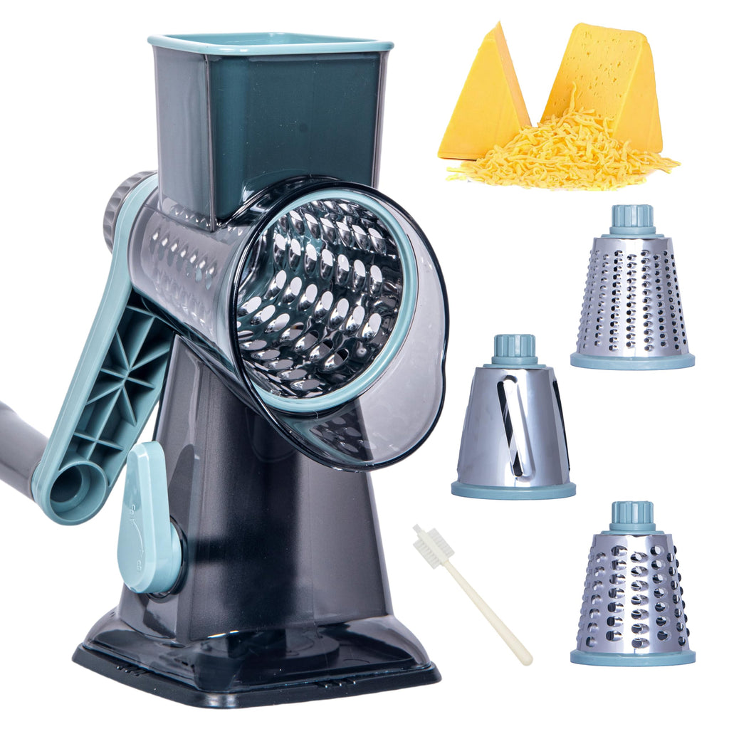 Rotary Cheese Grater Cheese Shredder, Cheese Grater Handheld with Strong Suction Base,Kitchen Vegetable Slicer 3 Replaceable Stainless Drum Blades for Fruit, Food, Nuts,Easy to Use Clean (Blue)
