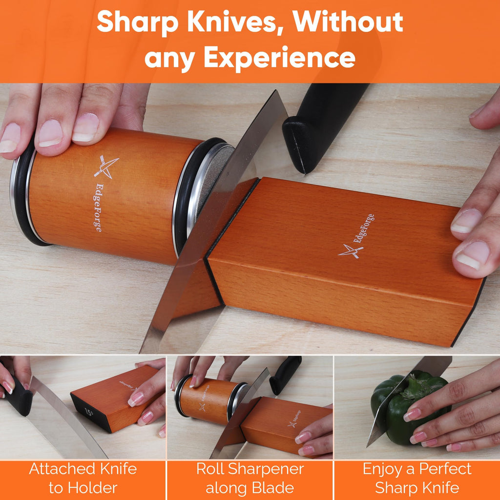 Knife Sharpener – Rolling Knife Sharpener Kit with Diamond Disc & Stainless Steel Polishing Disc, Magnetic 15° & 20° Angle Guide, Manual Kitchen Knife Sharpener Tool, Ideal Gift