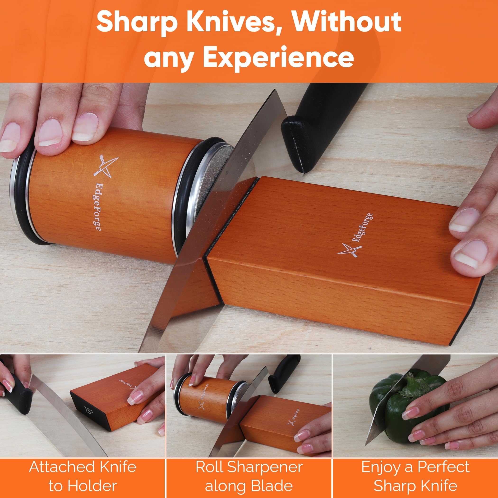 Knife Sharpener – Rolling Knife Sharpener Kit with Diamond Disc & Stainless Steel Polishing Disc, Magnetic 15° & 20° Angle Guide, Manual Kitchen Knife Sharpener Tool, Ideal Gift
