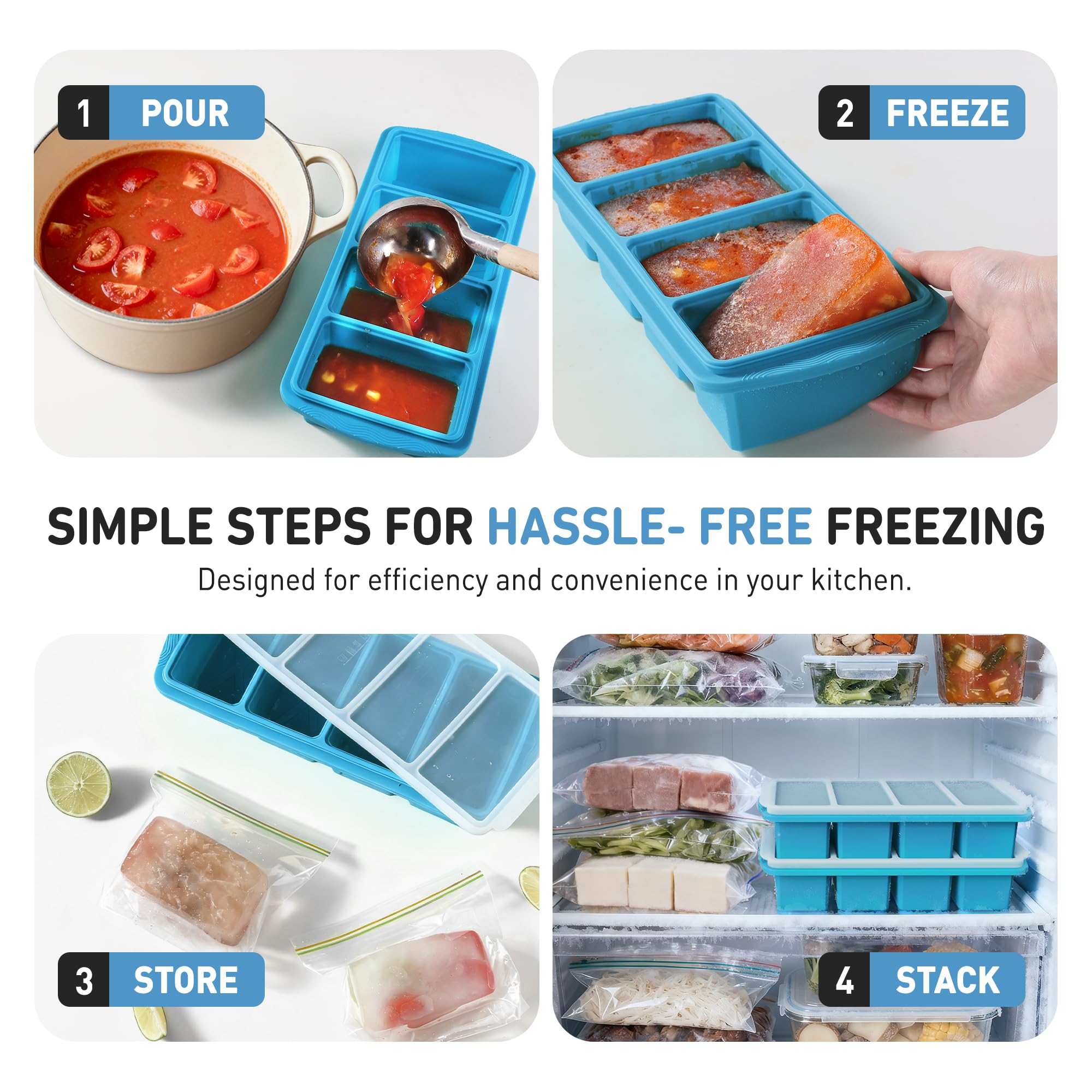 Silicone Freezer Tray with Lid Soup Freezer Container Molds with Steel Reinforced Rim for Freezing Soup Sauce Broth Leftovers large Ice Cube Molds Oven Dishwasher Safe Ice Trays for Freezer with Bin