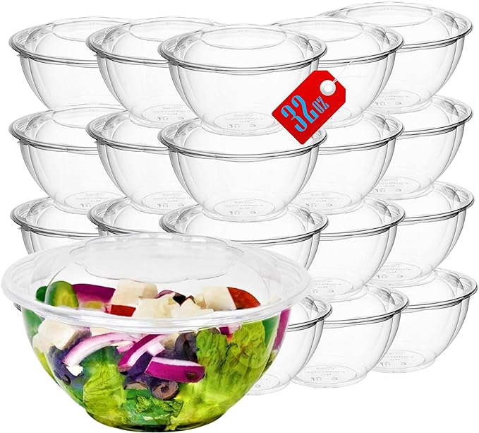 Mr Miracle Clear 32 Ounce Plastic Salad Bowls with Snap-On Lids. Pack 50. Airtight Disposable Salad Containers for Lunch, Meal Prep, Parties. Ideal as Disposable Salad Bowls with Lids
