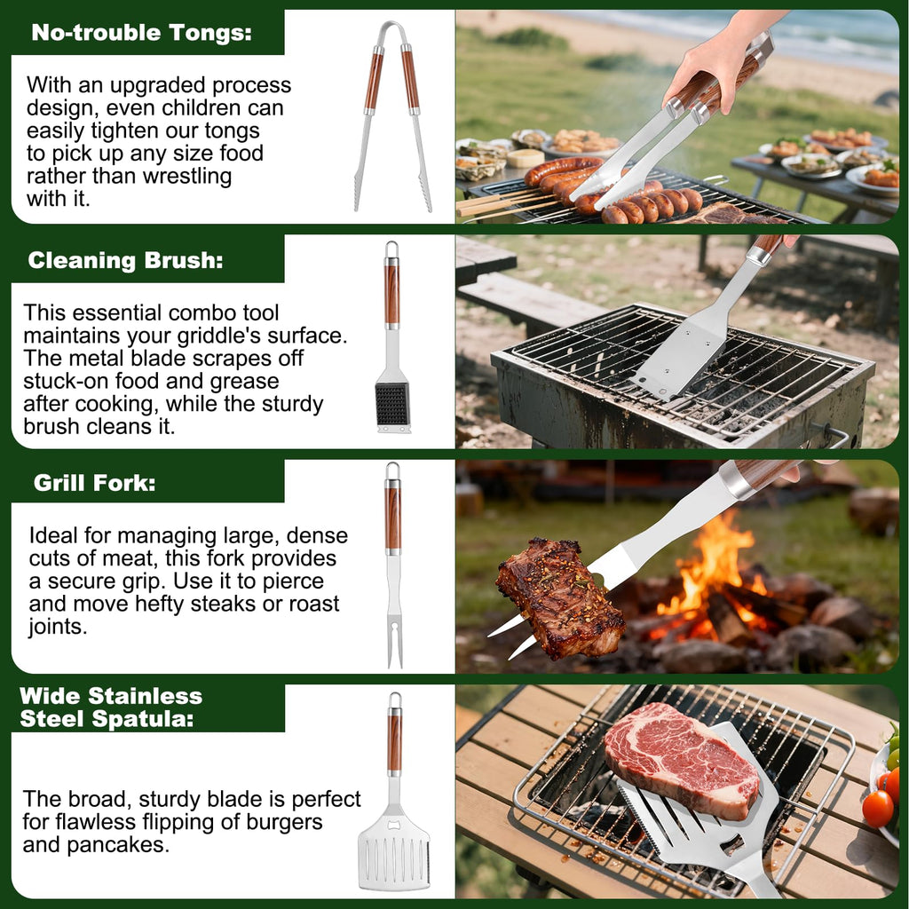 YJHOLE Grilling Accessories Set Large Spatula Fork Cleaning Brush Food Tongs Durable Stainless Steel BBQ Grill Tools with Extra Thick Storage Case BBQ Accessories Grill Set