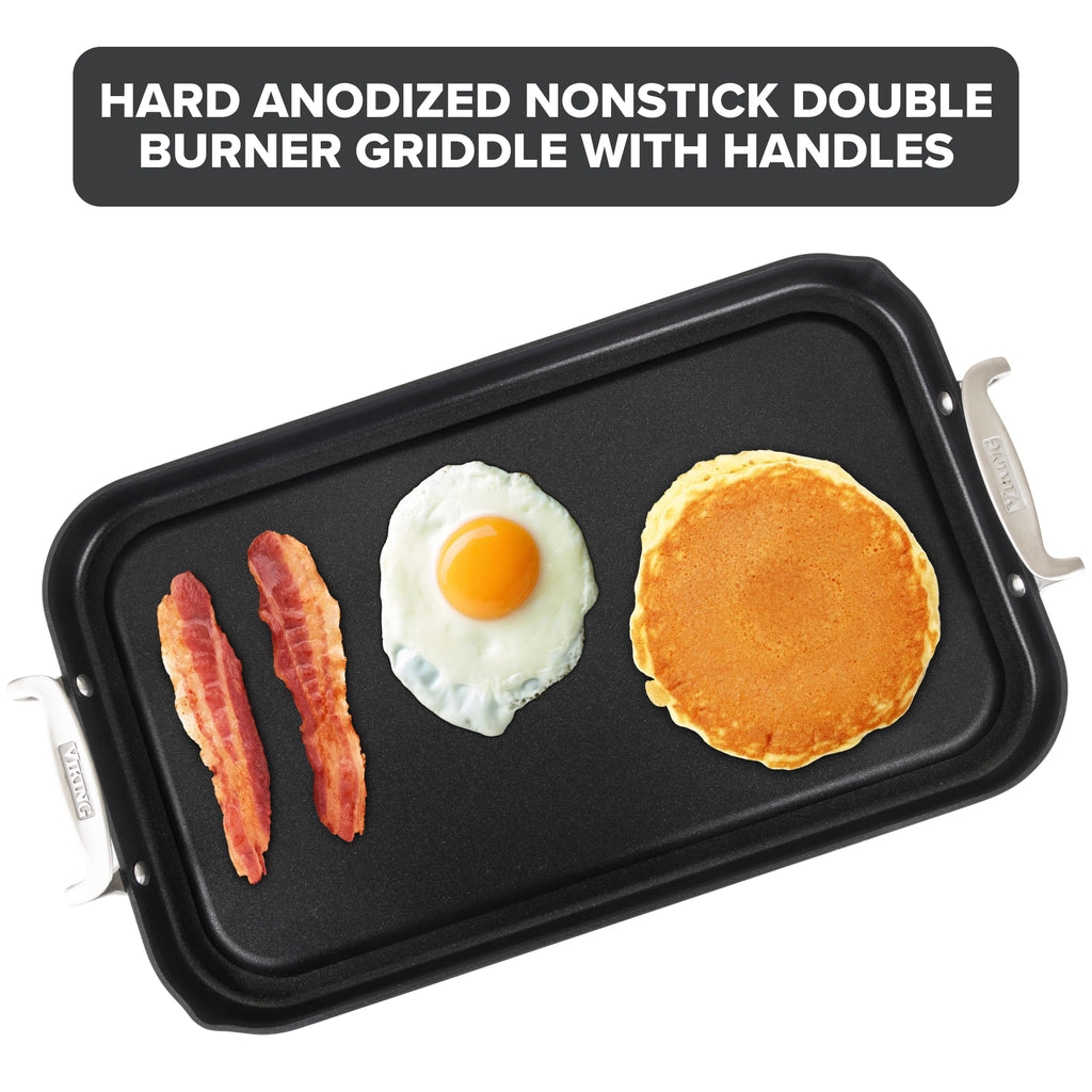 Viking Nonstick Double Burner Griddle, 19 x 11 Inch Hard Anodized Kitchen Grill Pan with Handles, Oven Safe, Works on Gas, Ceramic, and Electric Stove Top