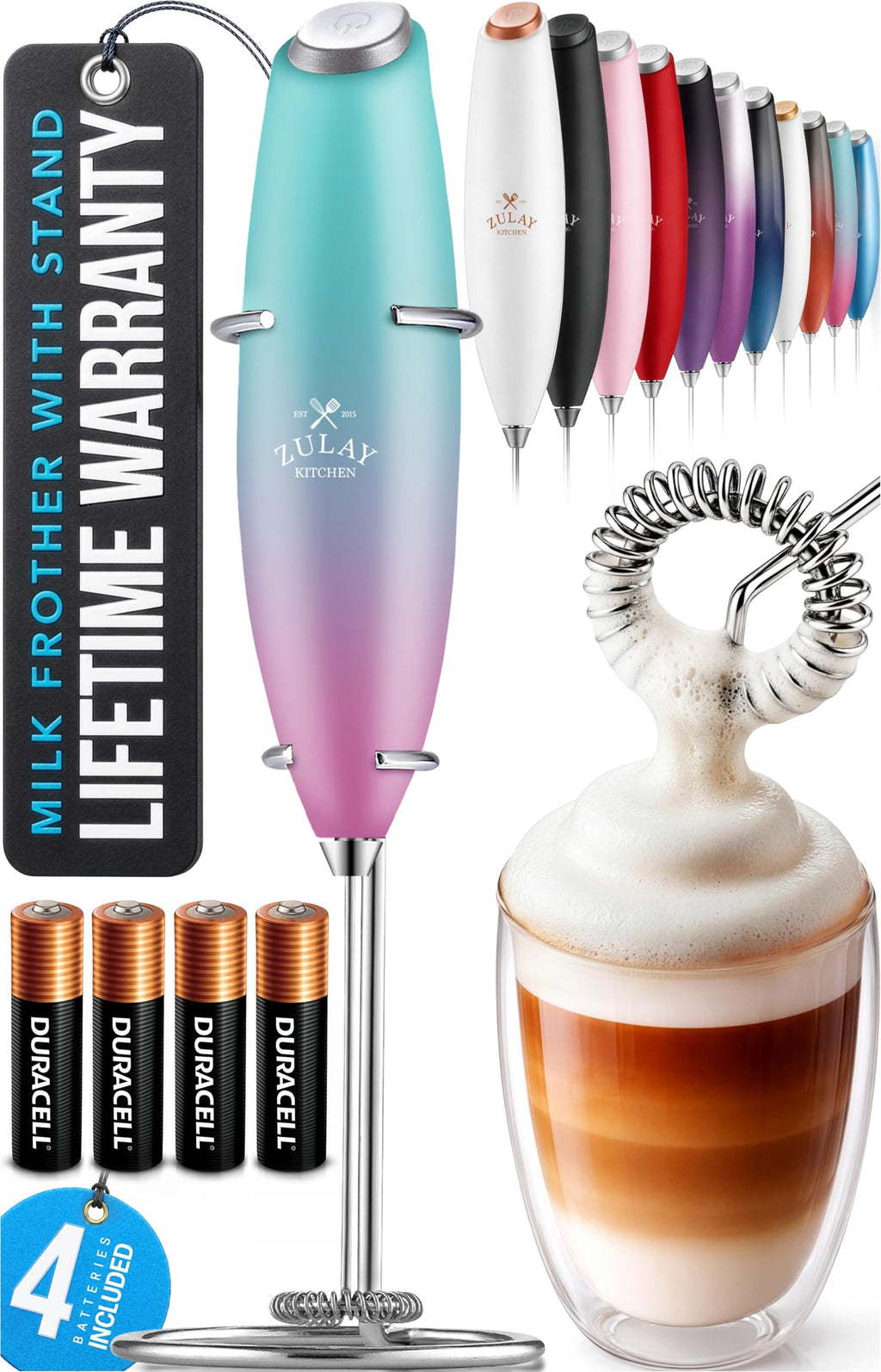 Zulay Kitchen Powerful Milk Frother Wand With Duracell Batteries - Ultra Fast Handheld Drink Mixer - Electric Whisk Foam Maker for Coffee, Lattes, Cappuccino & Matcha - Z1 Motor - Pink Spritz
