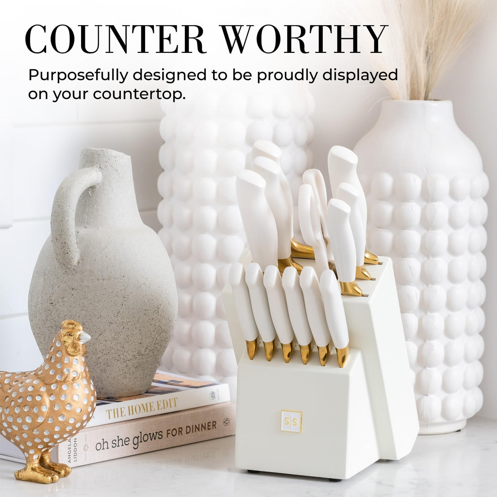 Styled Settings White and Gold Knife Set with Block and Sharpener 14-Piece
