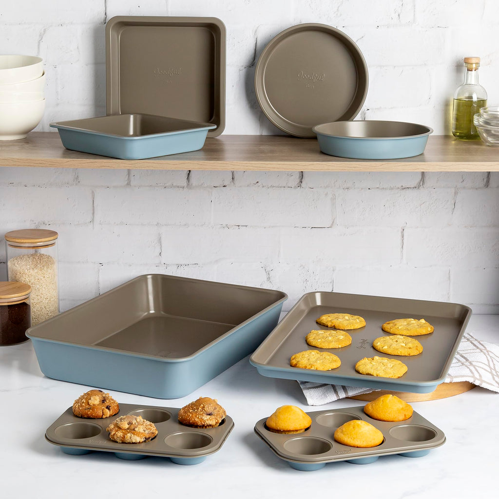 Goodful All-In-One Nonstick Bakeware Set, Stackable and Space Saving Design includes Round and Square Pans, Muffin Pans, Cookie Sheet and Roaster, Dishwasher Safe, 8-Piece, Blue Mist