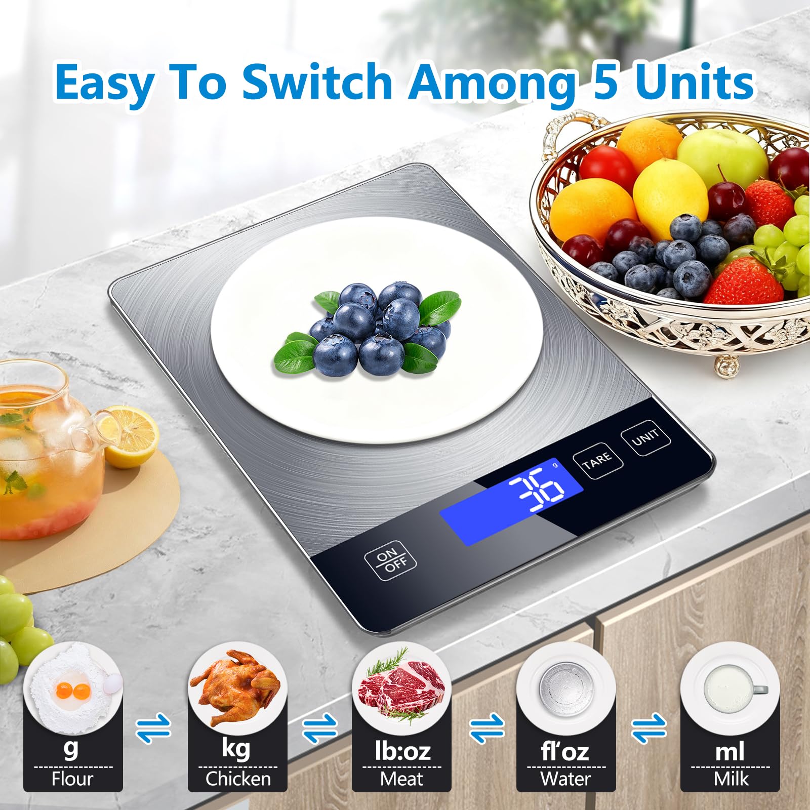 Food Kitchen Scale, Digital Food Scale 33lb Digital Kitchen Scale Precisely Measures Grams and Ounces for Meal Prep Baking and Cooking, Rechargeable 304 Stainless Steel Kitchen Scale LCD Display