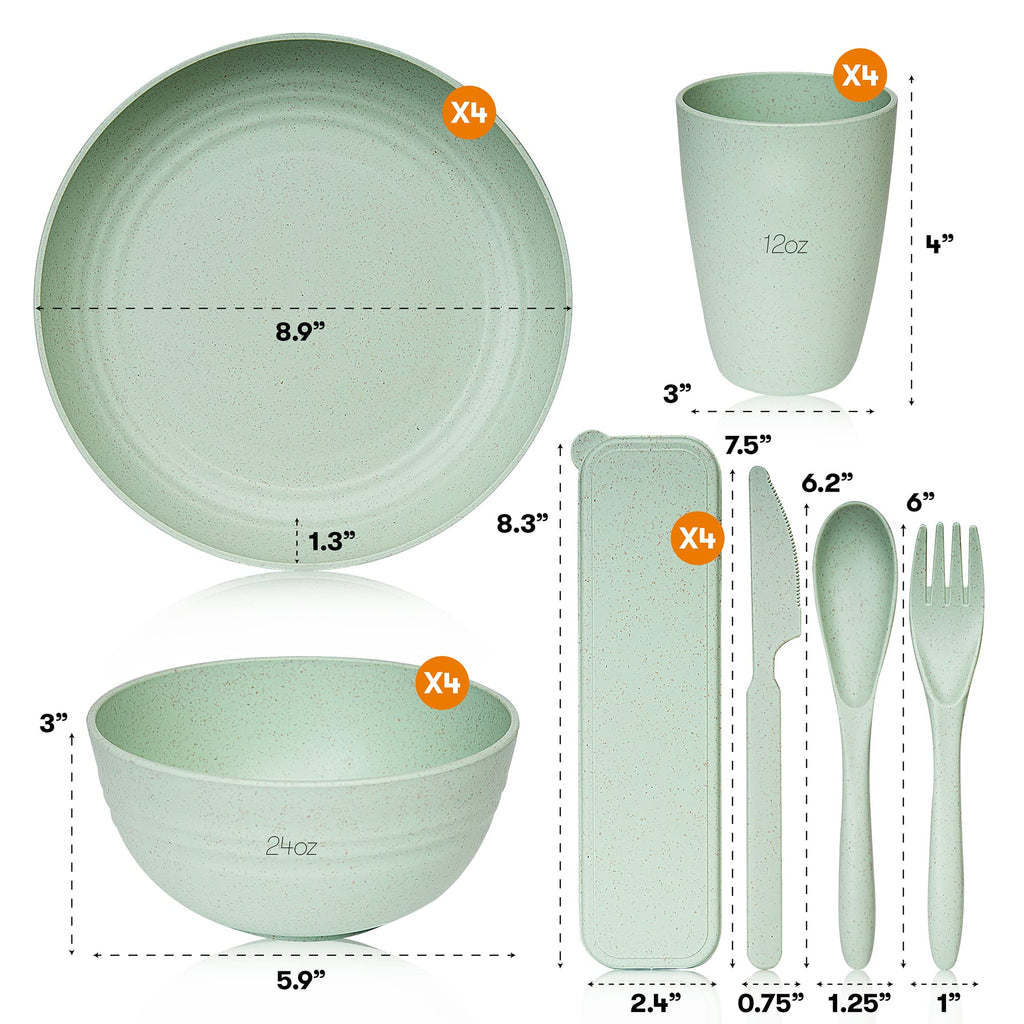 Wheat Straw Dinnerware Sets | Unbreakable Dinnerware Sets | Dishwasher Microwave Safe Dinnerware | Eco Friendly Non Breakable Dinnerware Sets | RV Outdoor Camping (Green, Service for 4 (28 pcs))