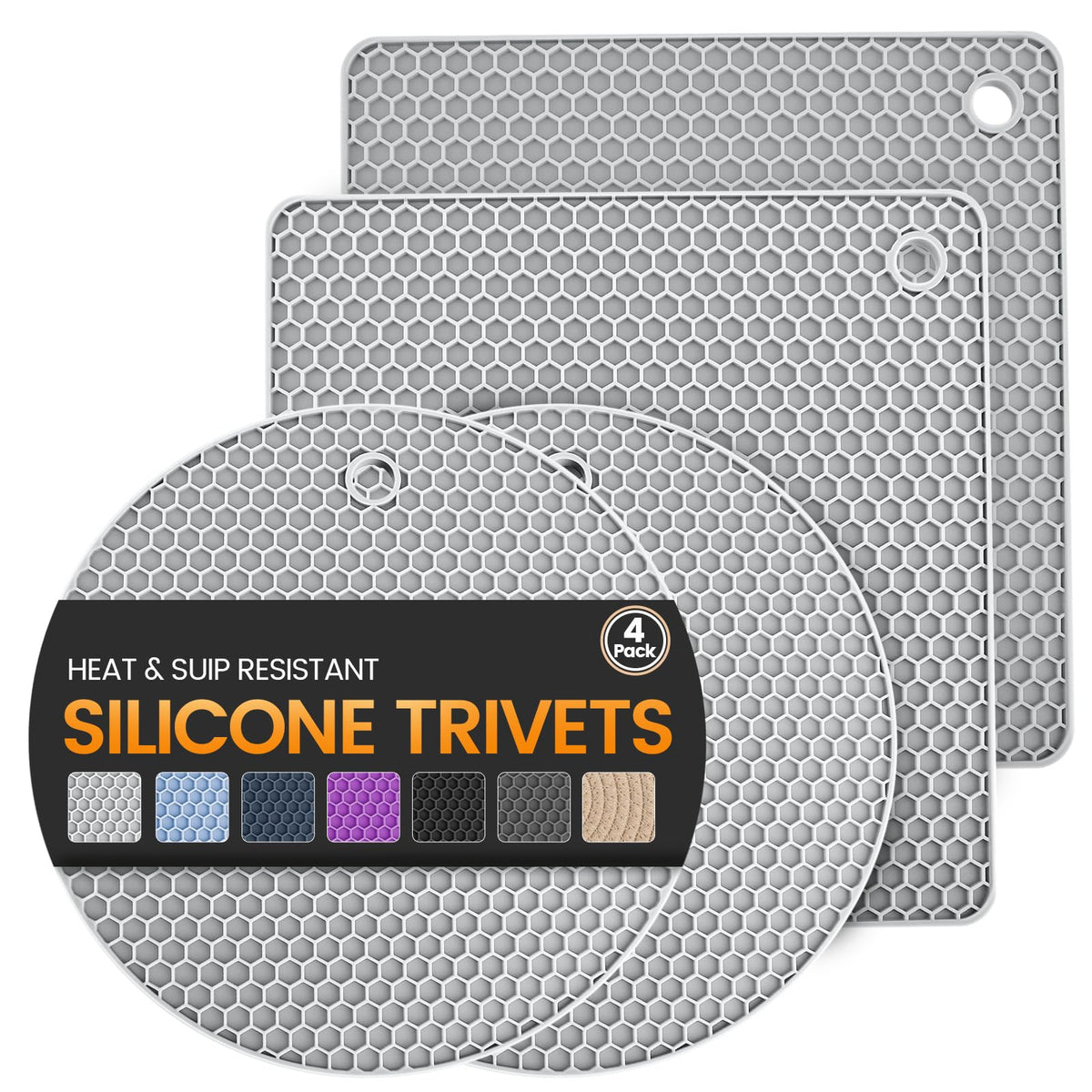 Silicone Trivet Mats 4 Heat Resistant Pot Holders Multipurpose Non-Slip Hot Pads for Kitchen Potholders, Drying mat, Jar Opener, Spoon Holder, Coaster.(Dark Black)