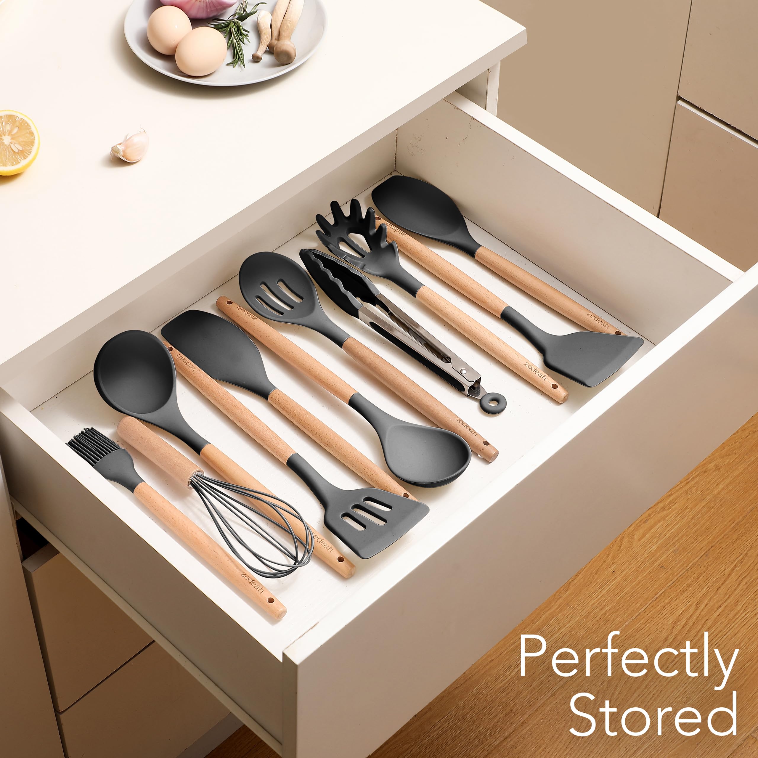 ZEDEAH 11-Piece Silicone Kitchen Utensils Set with Non Toxic Spatula, Tongs, Whisk, Turner & Ladle – Heat Resistant, Non-Scratch Cooking Tools with Wooden Handles, BPA-Free, Dishwasher Safe (Black)