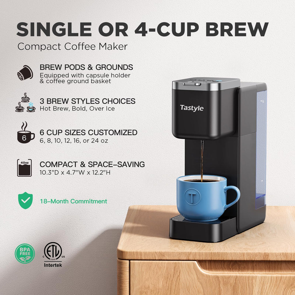 Tastyle Single Serve Coffee Maker for K Cups and Grounds with 3 Brew Styles