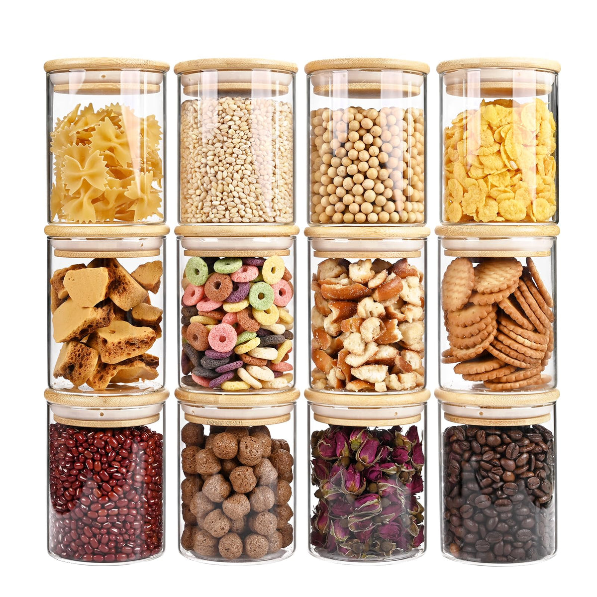 SHOWIN Glass Food Storage Jars, Glass Jars with Bamboo Lids, Kitchen Storage Jars, Canisters with Airtight Lids for Spice, Coffee, Cookie, Set of 5, Pantry Organizers