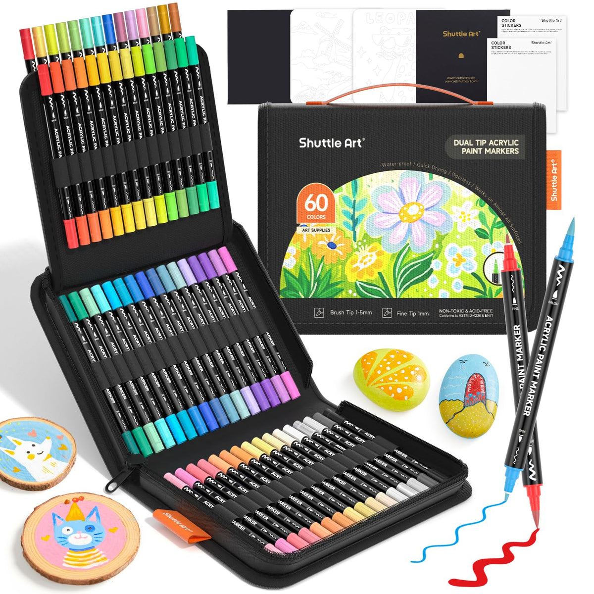 Shuttle Art 36 Colors Dual Tip Acrylic Paint Markers, Brush and Fine Tip for Rock Painting, Ceramic, Wood, Canvas, Plastic, Glass, Stone, Calligraphy, Card Making, DIY Crafts