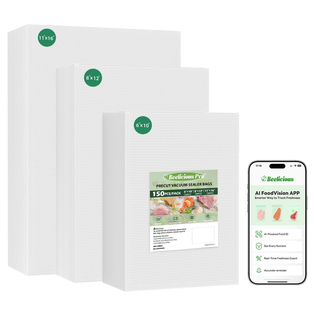 Beelicious Pro Vacuum Sealer Bags for Food Storage 150 Gallon 11" x 16" and Quart 8" x 12" and Pint 6" x 10", with BPA-Free, Commercial PreCut Vacuum Seal Bags for Sous Vide & Seal a Meal