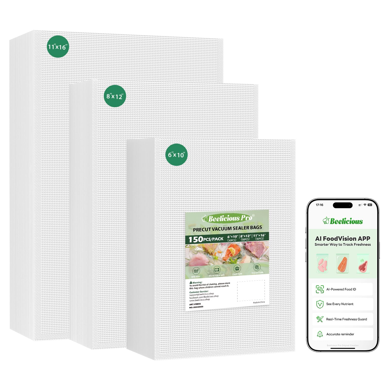 Beelicious Pro Vacuum Sealer Bags for Food Storage 150 Gallon 11" x 16" and Quart 8" x 12" and Pint 6" x 10", with BPA-Free, Commercial PreCut Vacuum Seal Bags for Sous Vide & Seal a Meal