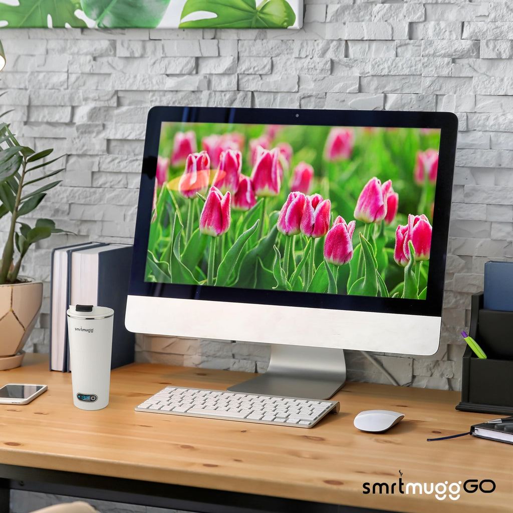 SmrtMugg GO Heated Coffee Mug, Travel Mug, 13.5 OZ. Smart Mug, Battery Powered Heated Coffee Mug, Great for Coffee and Tea, Snap on Magnetic Charging Cord, New and Improved (White)