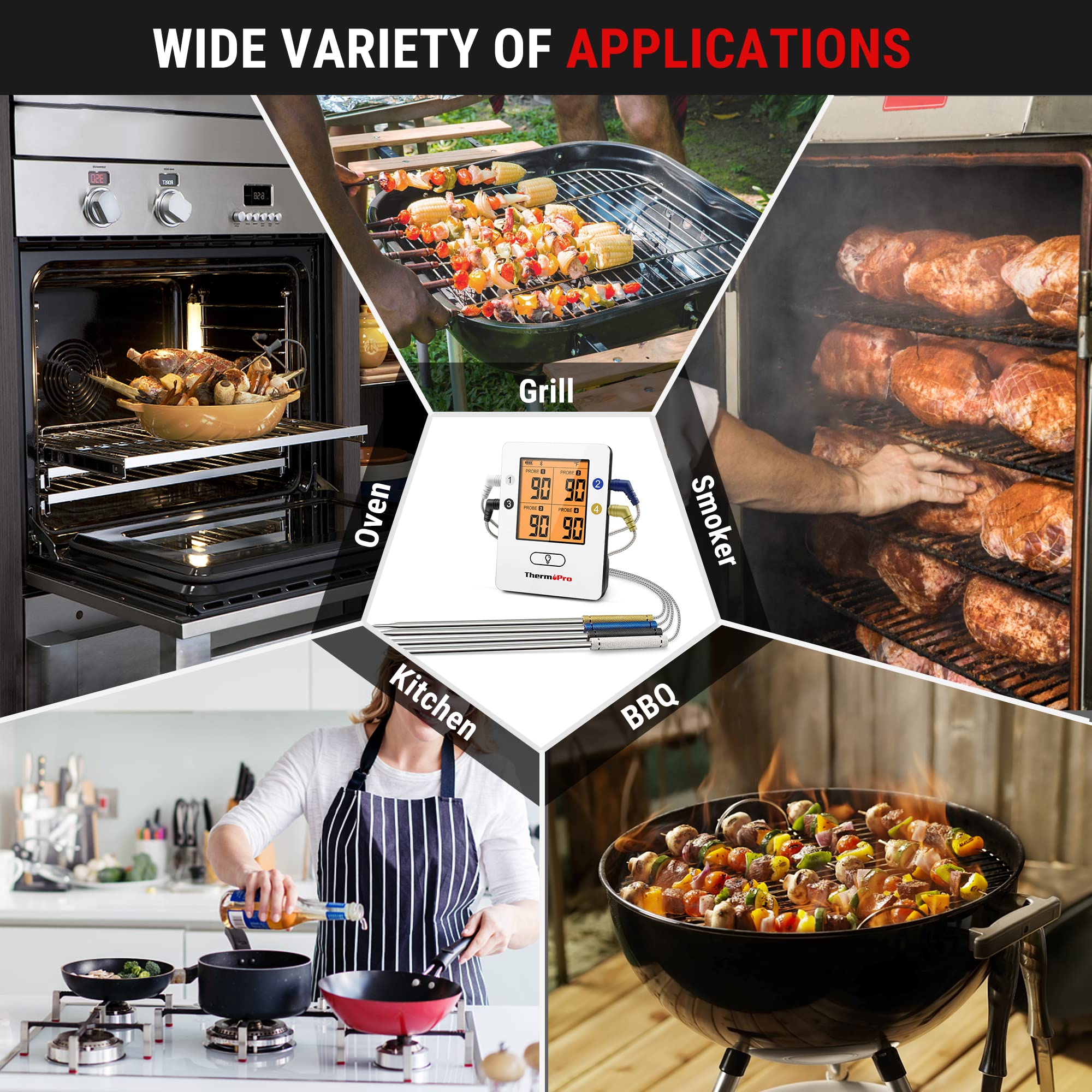 ThermoPro TP25 650FT Wireless Meat Thermometer with 4 Probes, Bluetooth Meat Thermometer for Cooking, BBQ Oven Food Smoker Thermometer Rechargeable, Fathers Day Gift for Him