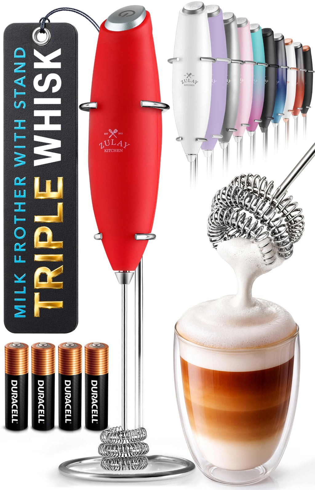 Zulay Kitchen Powerful Milk Frother Wand With Duracell Batteries - Ultra Fast Handheld Drink Mixer - Electric Whisk Foam Maker for Coffee, Lattes, Cappuccino & Matcha - Z1 Motor - Aqua