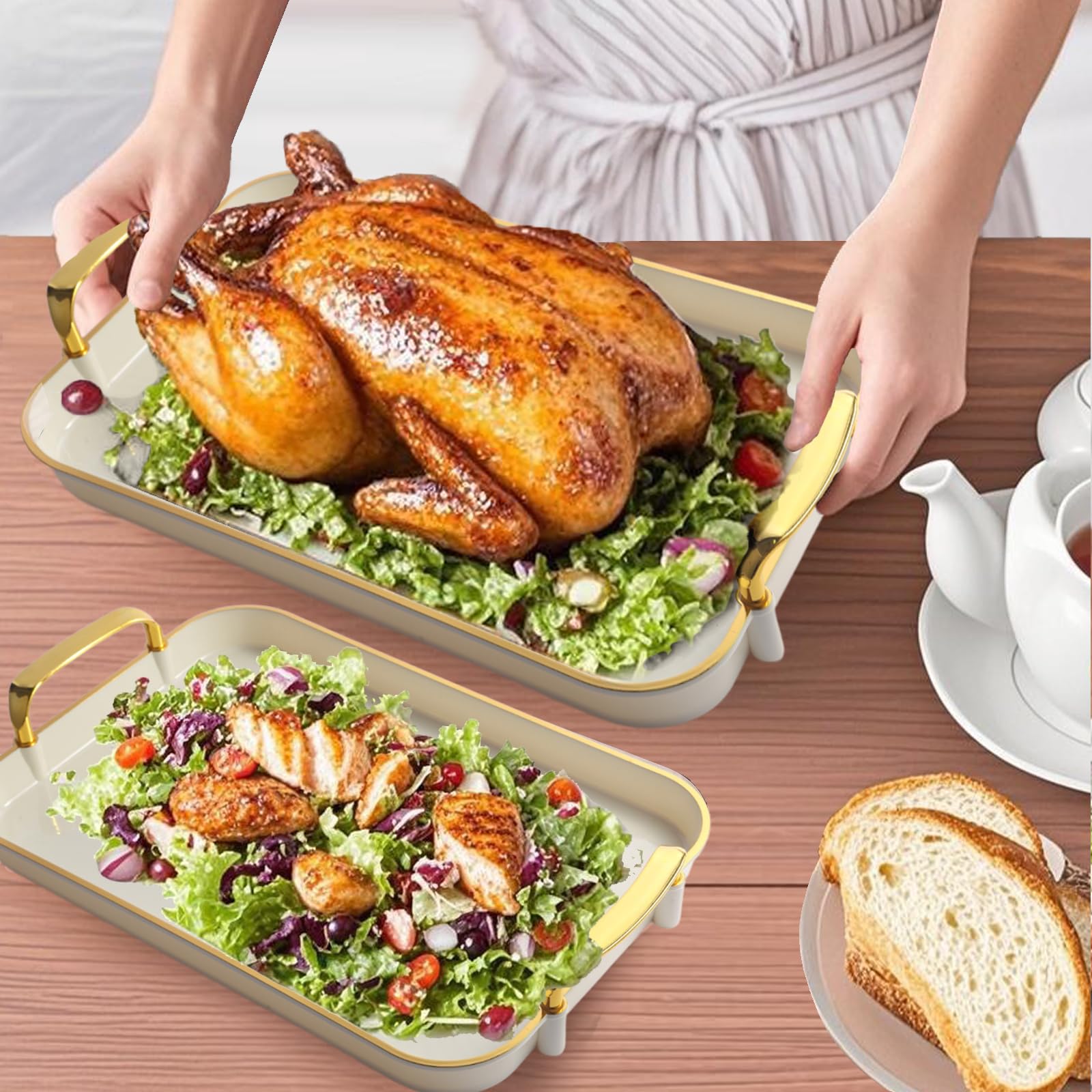 Aayoruro Serving Tray with Handles Set of 3 Rectangular Large Serving Platters 16.5/14.9/13.2 Inch White Plates for Dinner, Party, Entertaining, Cream Gold