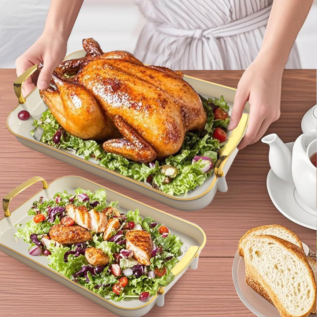 Aayoruro Serving Tray with Handles Set of 3 Rectangular Large Serving Platters 16.5/14.9/13.2 Inch White Plates for Dinner, Party, Entertaining, Cream Gold