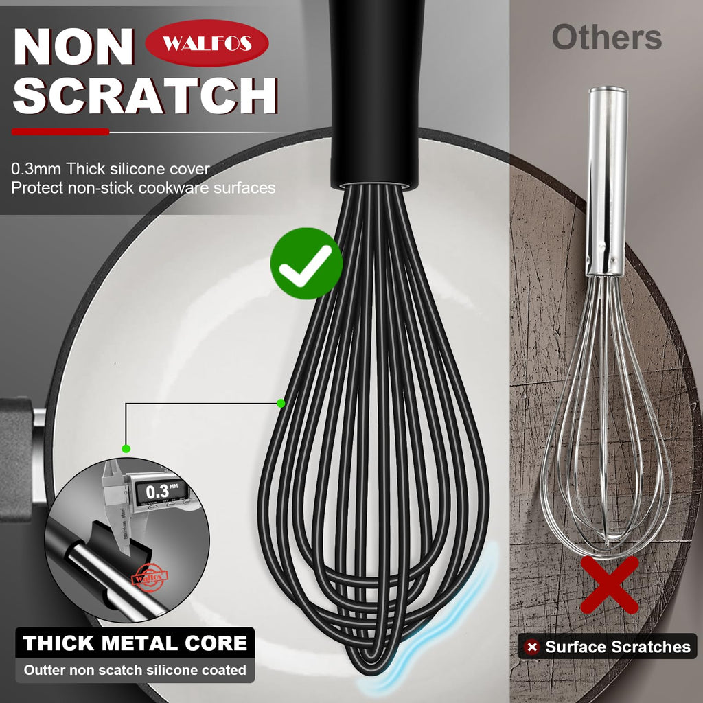Silicone Whisks set with 7+5in mini stainless steel whisk, Non Scratch Coated 7+9+11in Whisks for Nonstick Cookware,Premium for Blending, Whisking, Beating, Frothing & Stirring