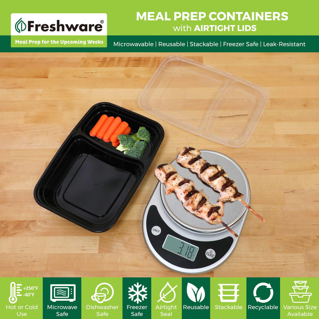 Freshware Meal Prep Containers with Lids 28 oz [50 Pack] 2-Compartment Food Storage Containers, Bento Box Lunch Containers, BPA Free, Airtight, Stackable, Reusable, Microwave/Dishwasher/Freezer Safe
