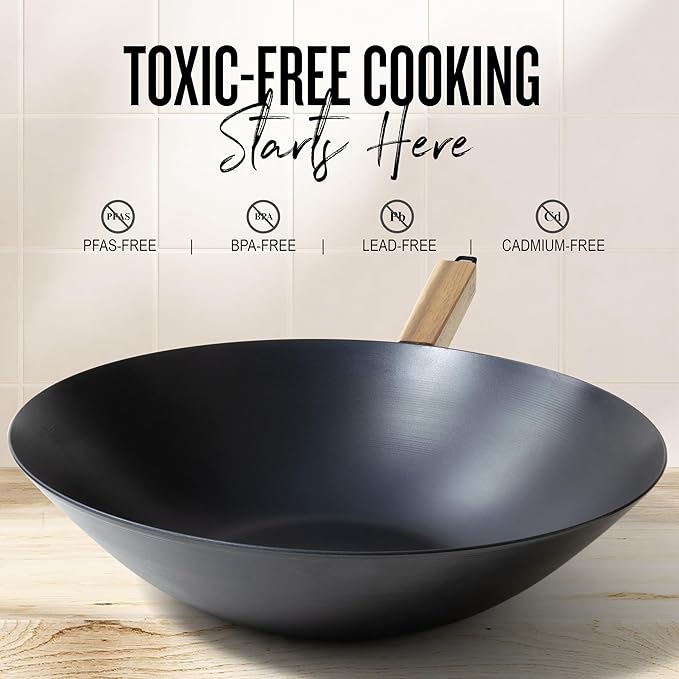 Alva Forest Naturally Nonstick Carbon Steel Wok Pan 12" - Acacia Wood Handle, Pre-Seasoned and Made without PFAS, PFOA & PTFE - Induction and All Stovetop Compatible with Even Heat Distribution