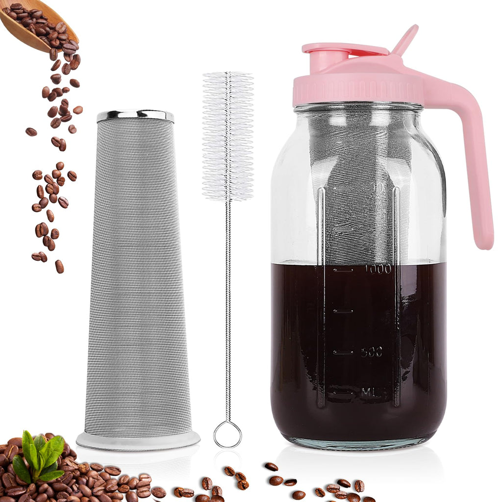 QHH Cold Brew Coffee Maker, 64 oz Mason Jar Pitcher with Stainless Steel Filter, Pour Spout Handle Lid, Airtight & Leak-Proof for Iced Coffee,Tea & Lemonade