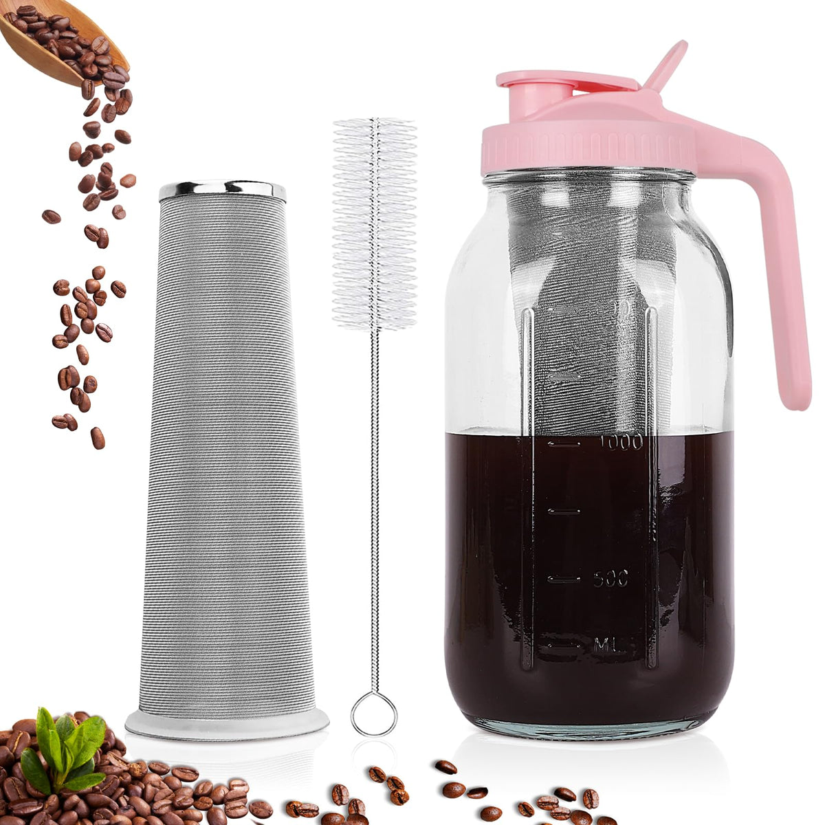 QHH Cold Brew Coffee Maker, 64 oz Mason Jar Pitcher with Stainless Steel Filter, Pour Spout Handle Lid, Airtight & Leak-Proof for Iced Coffee,Tea & Lemonade