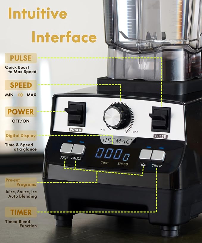HECMAC 3-Peak HP Blender - 2200W Max/1400W Rated, 68oz BPA-Free Pitcher, 3 Programs, Self-Clean, Tamper - Smoothies, Ice Crush, Frozen Drinks, Food Prep - Home & Commercial, 110V