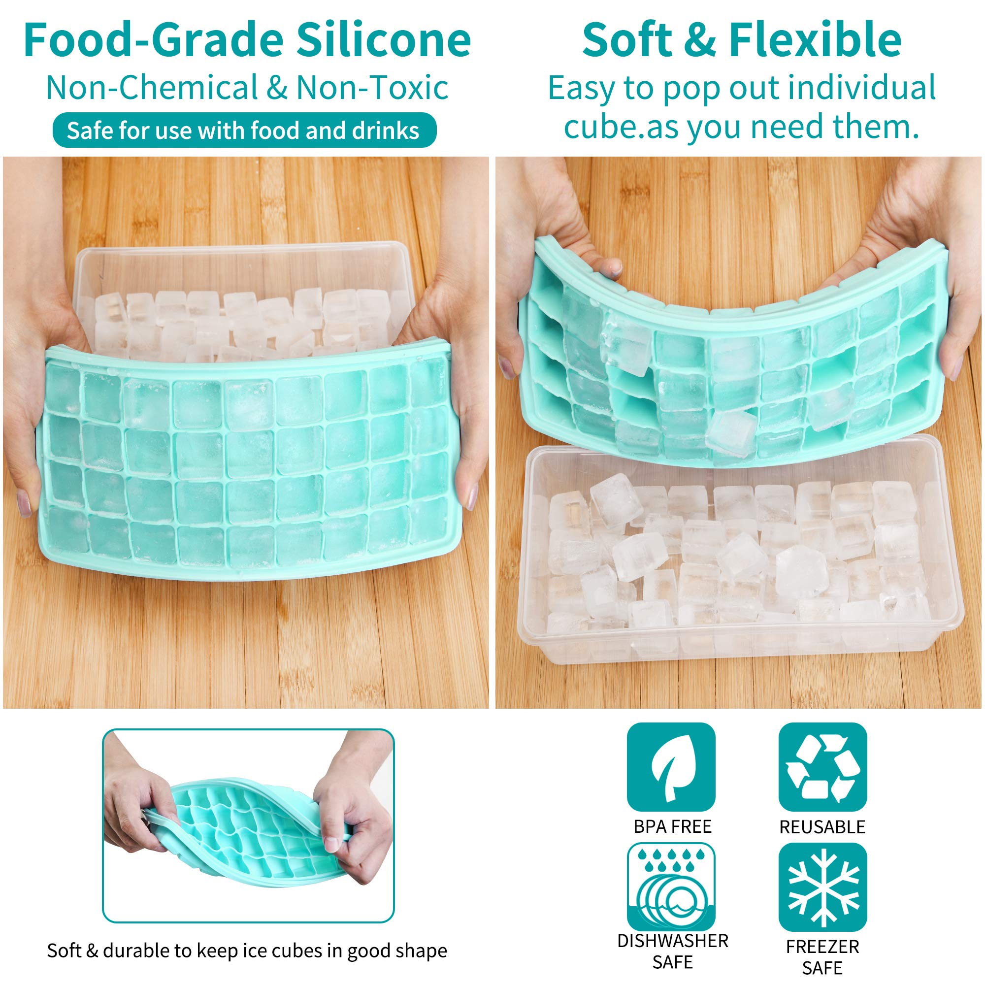 Silicone Ice Cube Tray with Leak-Proof Lid & Storage Bin for Freezer – BPA-Free 36-Piece Nugget Ice Molds, Spill-Resistant Cover & Ice Scoop Container Cover