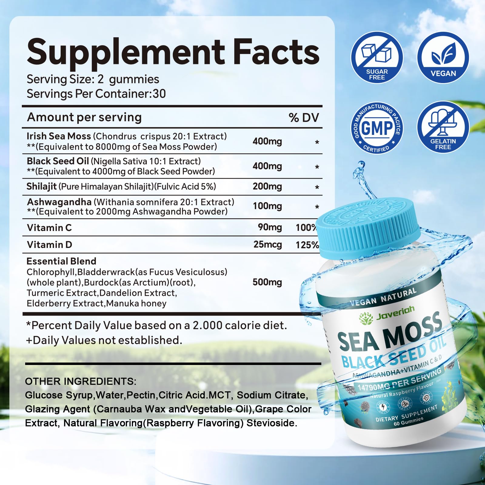 Vegan Ashwagandha Sea Moss Gummies - Black Seed Oil, Vitamin C&D for Immune Support, Digestive, Antioxidant 13 in 1 Bundle, Sea Moss Chlorophyll Advanced Strength Formula 2Pack 120 Gummies