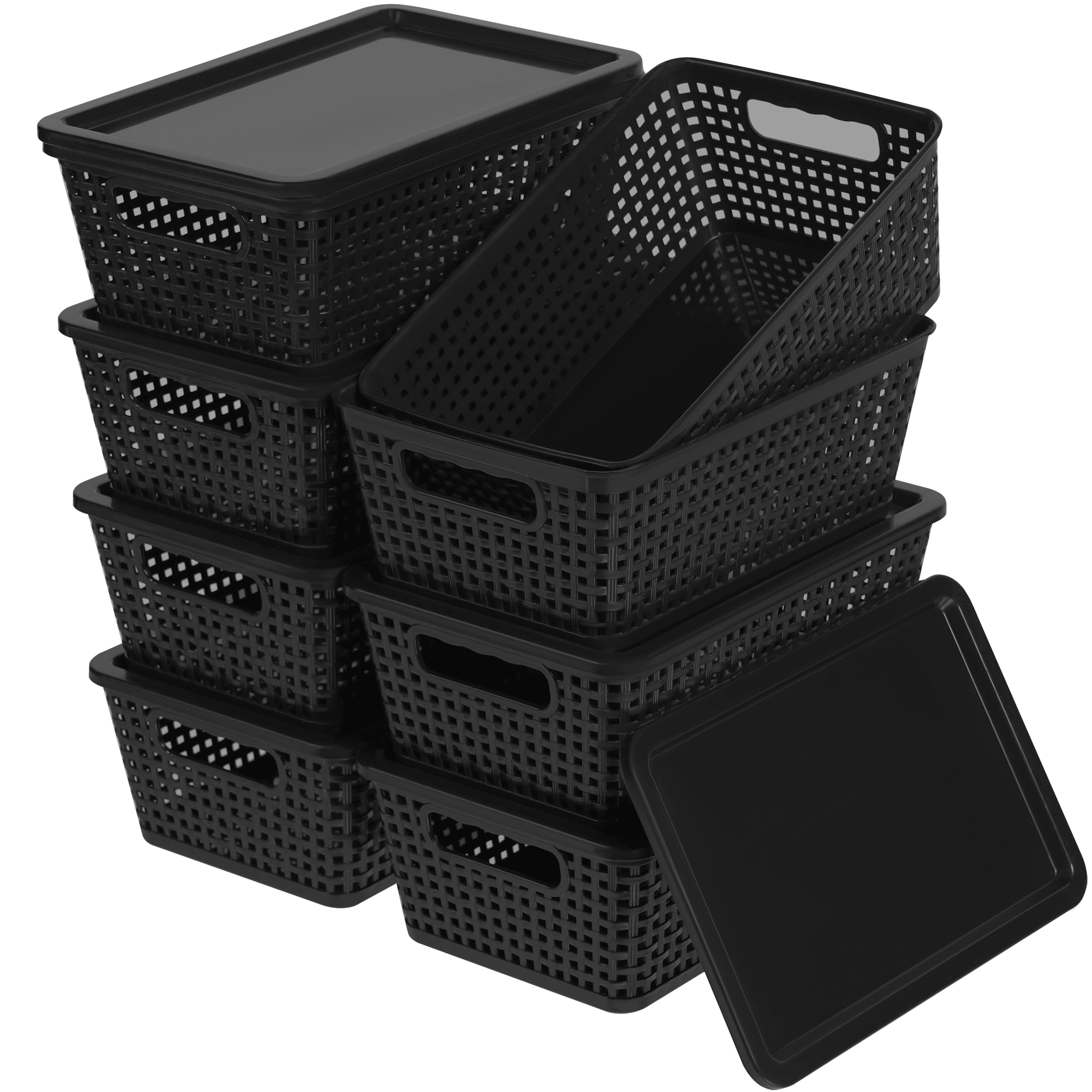 Anywish Plastic Storage Baskets With Lid, Storage Bins for Organizing, Stackable Decorative Containers for Shelves Drawers Desktop Closet Playroom Classroom Office, 8 Pack-Black